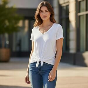 Express One Eleven Lightweight White V-Neck Tie-Front T-Shirt Size XS